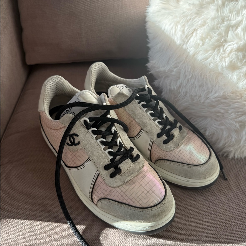 CHANEL CC Suede & Calfskin Sneakers,Size 38.5 (Fits US 8.5/EU 39)Pink/Grey/White - Picture 2 of 15